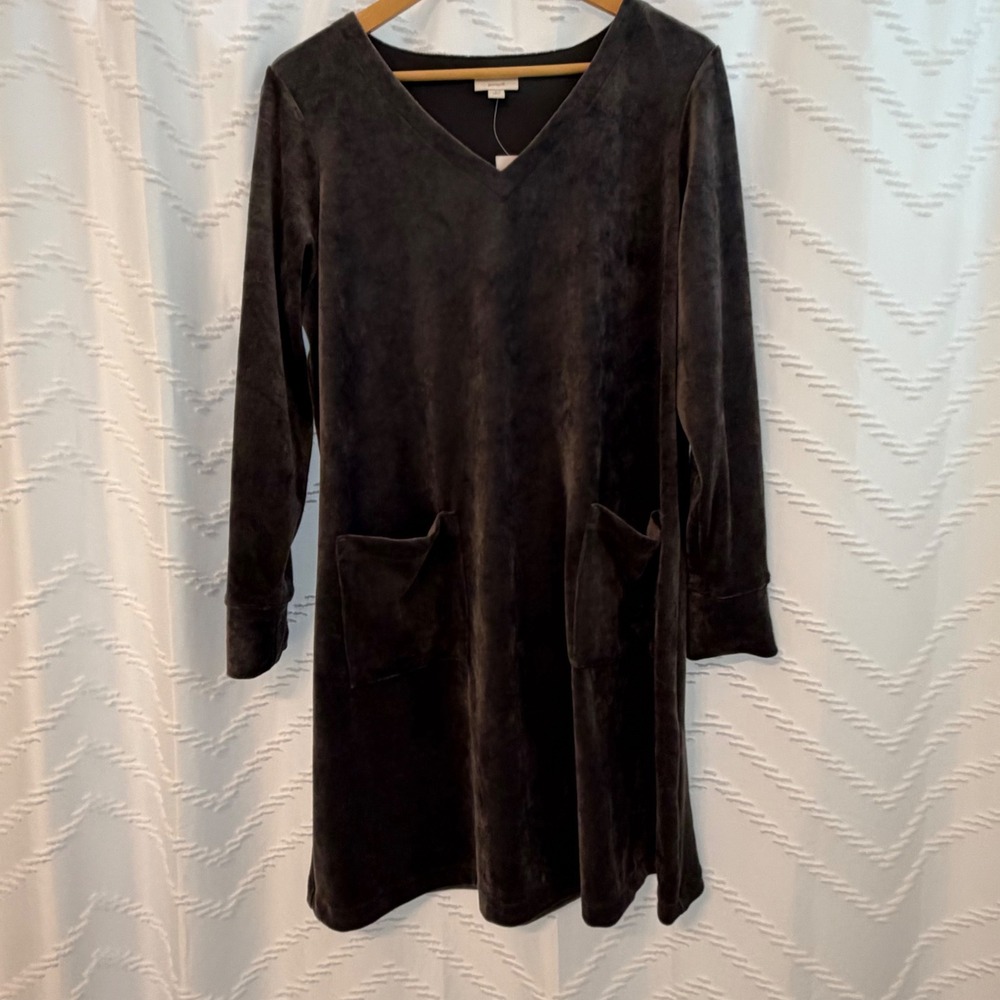 Pure Jill J. Jill Licorice Velour V-Neck Pocket Dress Petite Large JEZLP 230662 - Picture 1 of 6